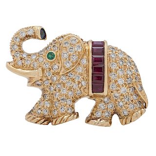 18 Karat Gold Diamond and Gemstone Elephant Brooch