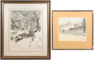 Group of Two Signed Etchings of Alps Villages