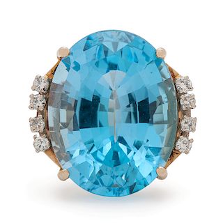 14 Karat Gold Blue Topaz and Diamond Ring