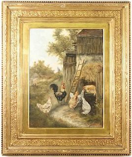 19th Century French O/C, "Chickens in Barnyard"