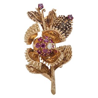 Tiffany & Co. 18 Karat Gold Ruby and Diamond Chestnut Brooch