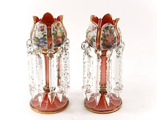 Pair of Cranberry Glass Hand Painted Lustres