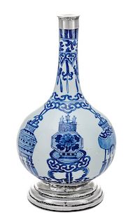 * A Chinese Export Silver-Mounted Blue and White Porcelain Bottle Vase Height 9 inches.