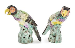* A Pair of Chinese Export Polychrome Enameled Porcelain Figures of Parrots Height 7 inches.
