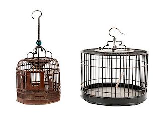 * Two Chinese Lacquered Bamboo Birdcages Height of larger 12 inches.
