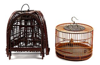 * Two Chinese Bamboo and Wood Birdcages Height 14 inches.