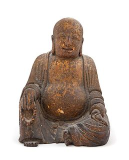 * A Chinese Carved Wood Figure of Laughing Buddha Height 8 1/2 inches.