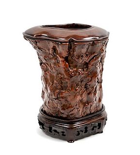 * A Chinese Hardwood Brushpot, Bitong Height 5 7/8 inches.