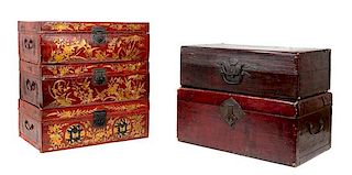 * Five Chinese Red and Gilt Lacquered Leather Suitcases Width of largest 24 inches.