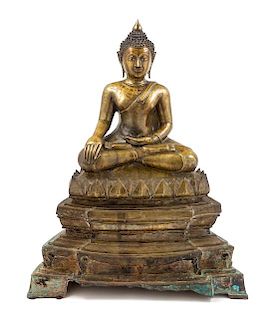* A Thai Gilt Bronze Figure of Buddha Height 22 inches.