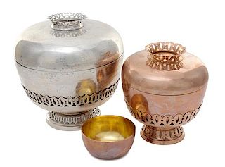 * Two Indian Metal Covered Vessels Diameter of larger 7 3/4 inches.