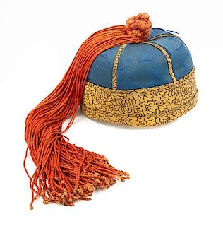 * A Chinese Embroidered Silk Hat Height 5 1/2 inches.