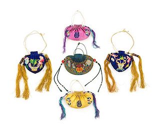 * Five Chinese Embroidered Silk Purses Length of largest 4 1/8 inches.