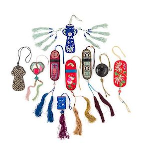 * Eight Chinese Embroidered Silk Purses and Glass Cases Length 6 inches.
