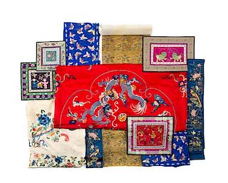 * Twelve Chinese Embroidered Silk Panels Length of largest 61 1/8 inches.