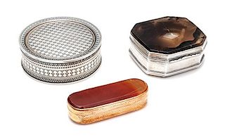 * A Georgian Silver and Agate Mounted Snuff Box, Maker's marks Obscured, 18th Century, of square form with canted corners, the s