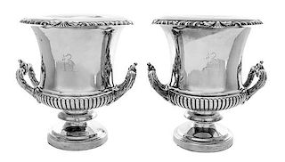 * A Pair of English Silverplate Wine Coolers, Matthew Boulton, Sheffield, Early 19th Century, of twin-handled campagna form, the