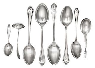 * A Group Silver Flatware Articles, various makers, comprising a Danish silver pattern 21 sugar scoop marked for Georg Jensen Si