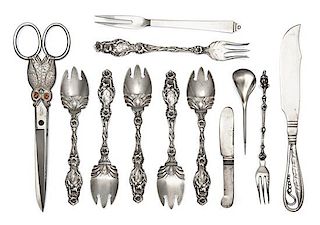 * A Group of Silver Flatware Articles, various makers, 20th Century, comprising a set of five American silver ice-cream forks an
