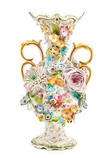 * A Paris Floral-Encrusted Porcelain Vase Height 9 1/2 inches.