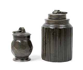 * Two German Pewter-Mounted Stoneware Articles Height of first 9 1/2 x diameter 6 inches.