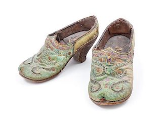 * A Pair of Dutch Embroidered Leather Shoes Length 10 1/2 inches.