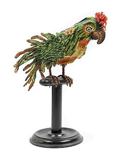 * An English Beadwork Figure of a Perched Parrot Height 14 x width 13 inches.