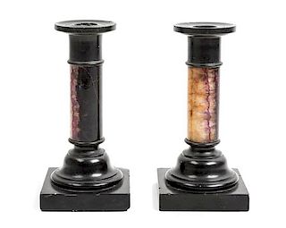 * A Pair of English Blue John Candlesticks Height 9 inches.