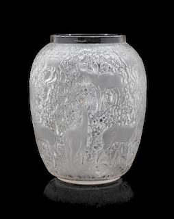 * A Lalique Molded Glass Vase, Biches Height 7 x diameter 5 inches.