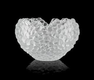 * A Lalique Style Molded and Frosted Glass Grape Bowl Height 8 3/4 x width 14 inches.