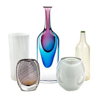 * Five European Art Glass Vases, (Italian, Swedish, Finnish, c. Mid-20th Century), comprising of a Vicke Lindstrand for Kosta th