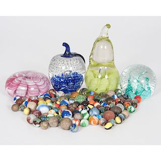 Lot of Antique Marbles and Murano Style Paper Weights 