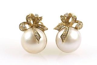 Pair of 14k Gold, Mabe Pearl & Diamond Earrings