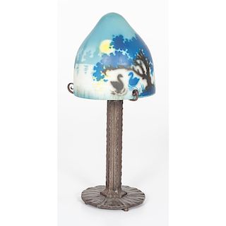 Painted Glass Boudoir Lamp with Iron Base