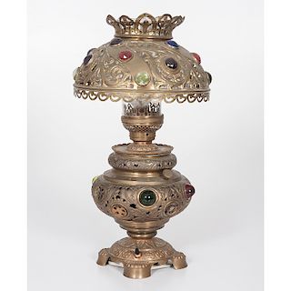 Victorian-style Jeweled Duplex Lamp by Edward Miller & Co