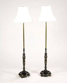 Pair of Brass & Black Turned Wood Floor Lamps