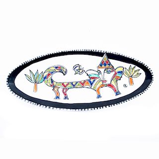 Eric Ledoux (París, Francia, 1946 -) Arlequín dragón. Charola. Elaborada en cerámica policromada. Diseño oval. Firmada.
