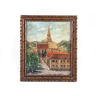 Vista de catedral europea. Siglo XX. Óleo sobre tela. Enmarcado. Firmado A. Wolff, fechado 1949. Enmarcado.