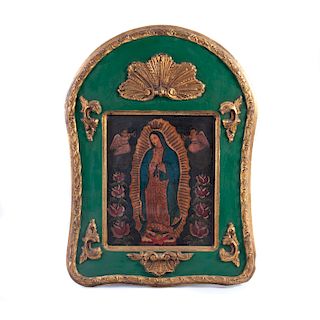 Virgen de Guadalupe. Siglo XX. Óleo sobre fibracel. Enmarcada. 27 x 22 cm.