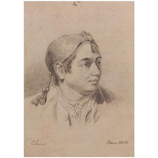 Firmado J. García (España, siglo XIX) Retrato de hombre joven. Lápiz sobre papel (marca "ROMANI"). Firmado y fechado con tinta.