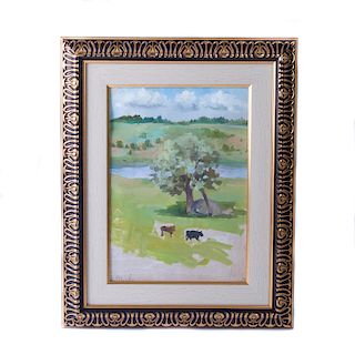 Vista de paisaje con vacas. Siglo XX. Óleo sobre cartón. Firmado. Enmarcado. 33 x 23.5 cm.