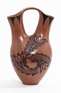 * A Jemez Black on Red Wedding Vase, Chimana, Height 13 3/4 inches.