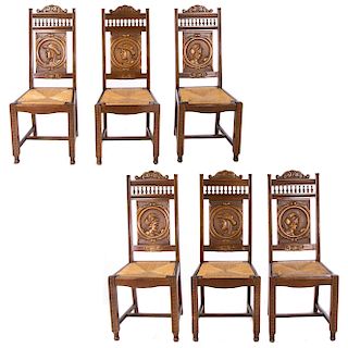 Lote de 6 sillas. Francia. Siglo XX. En talla de madera de roble. Respaldo cerrado, con barandillas, asiento de palma tejido.