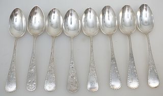 8 ANTIQUE STERLING ETCHED TEASPOONS