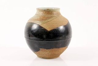 Japanese Round Pottery Vase, Tenmoku Glaze on Gray