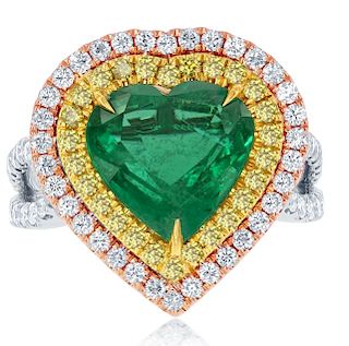 18k Gold Emerald Heart Ring w/ Yellow Diamonds