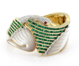 18k 12.80ct Emerald Diamond Ruby & MOP Swan Ring