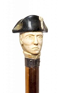 A Napoleonic Ivory Headed Walking Stick, Height of bust 2 1/2 x length overall 36 1/2 inches.