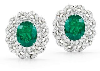 18k Gold 5.11ct. Emerald & Diamond Stud Earrings