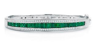 18k Gold 3.65ct Emerald Diamond Bangle Bracelet